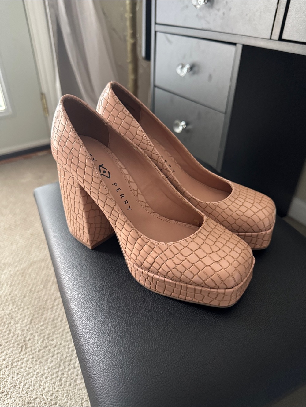 Katy Perry Collections Croc-Embossed Nude Platform Block Heels